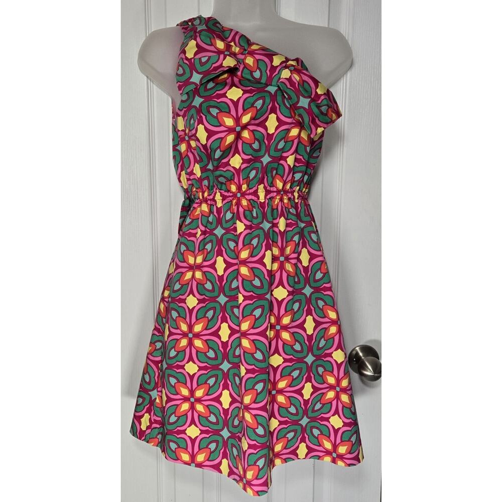 Ellen Ollie Sz 4 One Shoulder Dress Bow Bright Pink 80s 90s Southern Fit Flare - Picture 2 of 13